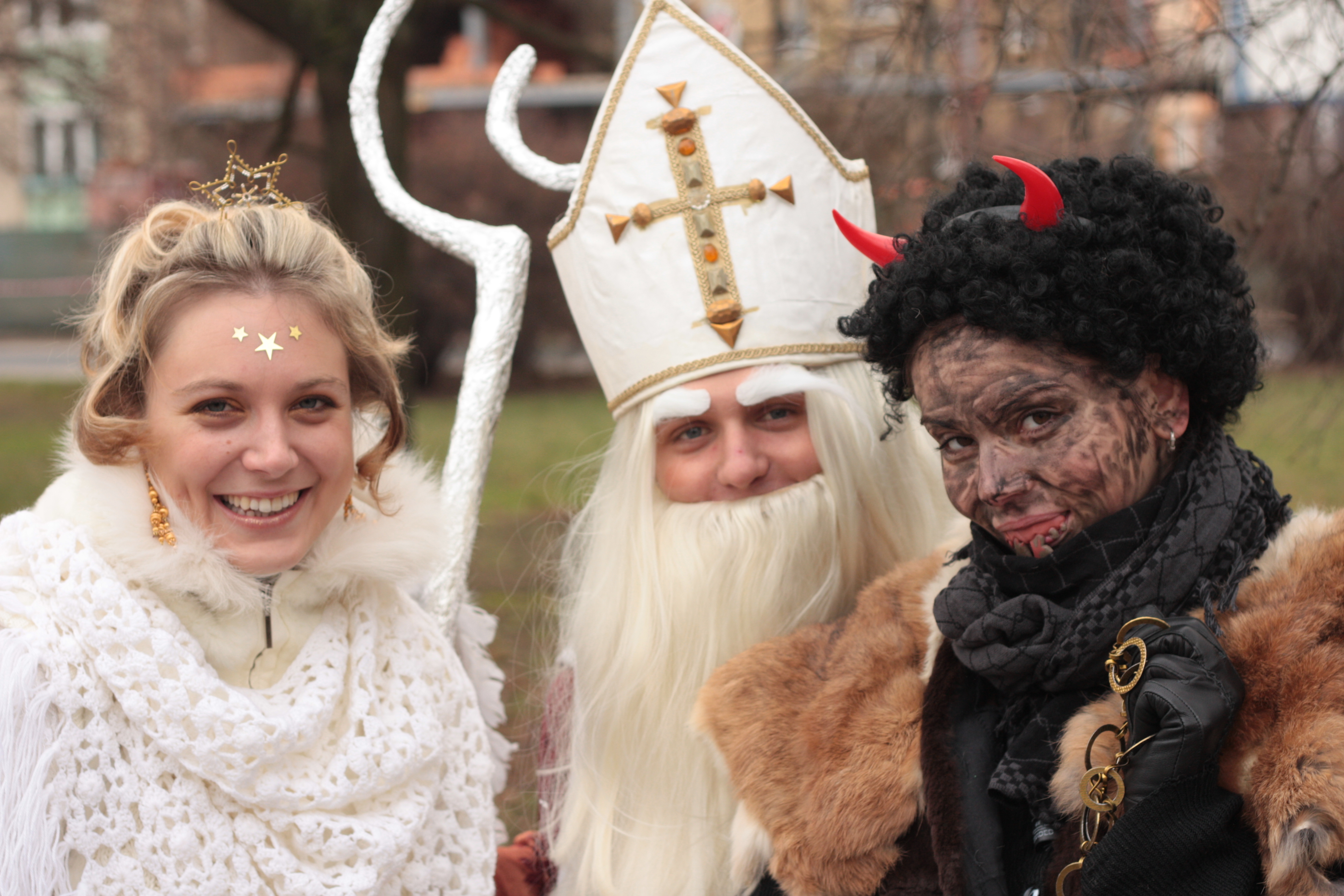 Saint Nicholas in the company of an angel and a devil Saint Nicholas with an angel and a devil